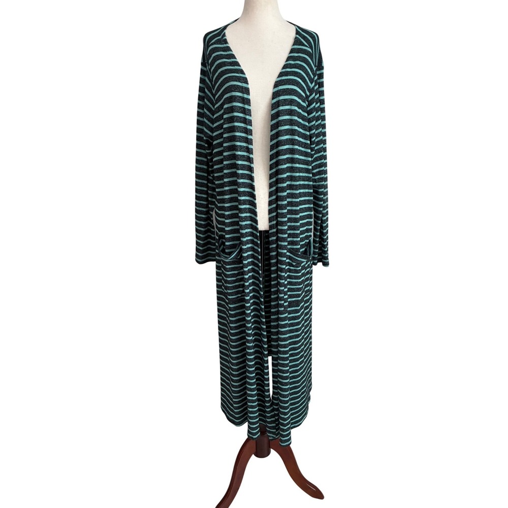 LuLaRoe Sarah Duster Cardigan Womens Large Teal Grey Striped Longline Pockets
